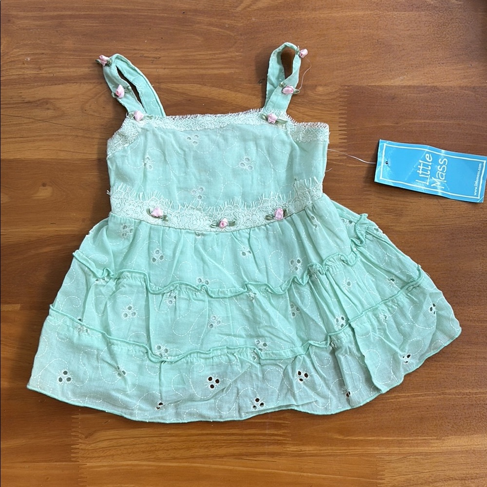 Little Mass Light Green Eyelet Dress with Pink Accents